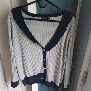 Grey Cardigan w/ Navy Collar & Pearl Buttons